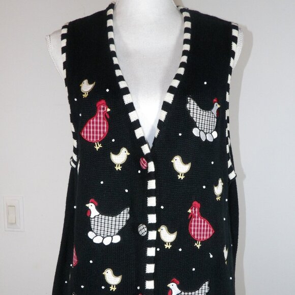 Vintage Black Mandal Bay CHICKEN Sweater Vest Size Large - Picture 2 of 4